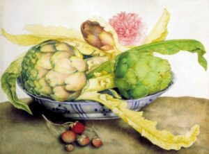 Natura morta con carciofi, rosa e fragole di Giovanna Garzoni